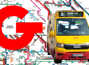 Yellow passenger bus in front of a dense city transit map, with a large red circular logo overlaying the left side; front shows MAN branding and a Polish license plate.