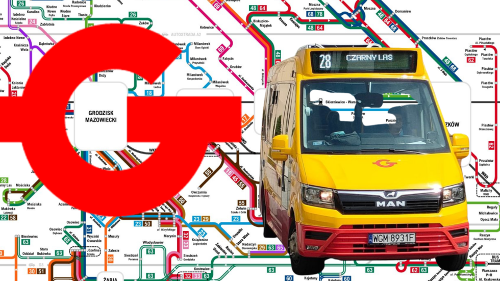 Yellow passenger bus in front of a dense city transit map, with a large red circular logo overlaying the left side; front shows MAN branding and a Polish license plate.