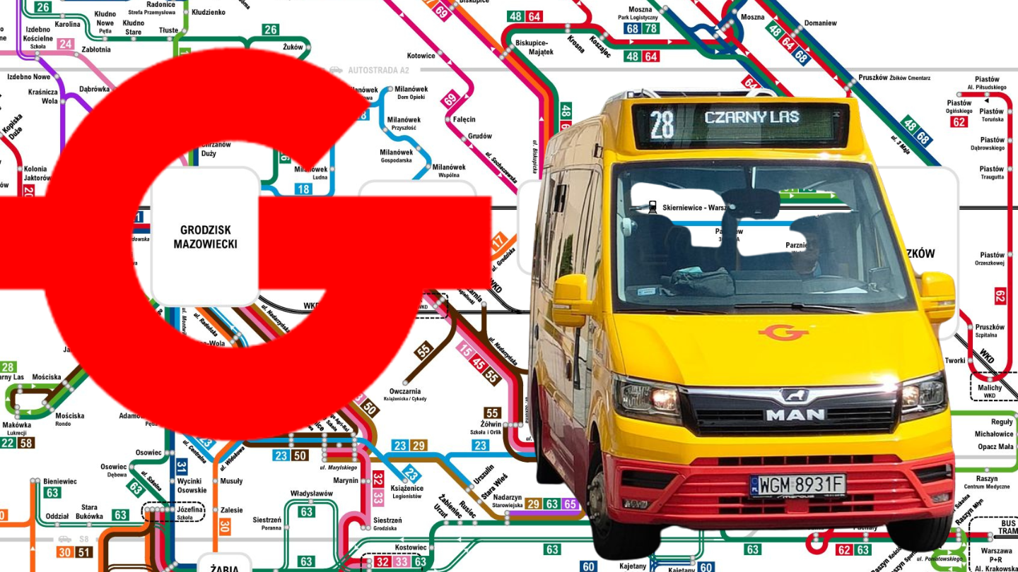 Yellow passenger bus in front of a dense city transit map, with a large red circular logo overlaying the left side; front shows MAN branding and a Polish license plate.