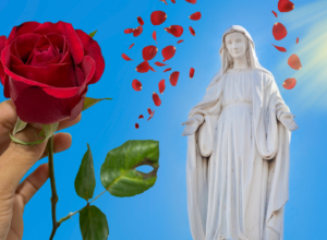 A hand offers a red rose toward a white statue of the Virgin Mary as petals drift in a bright blue sky.