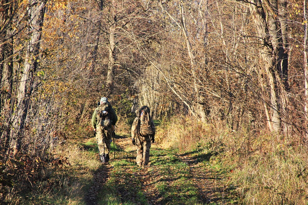 Two hikers with backpacks walk along a leaf-strewn woodland trail in autumn sunlight by tall bare trees.