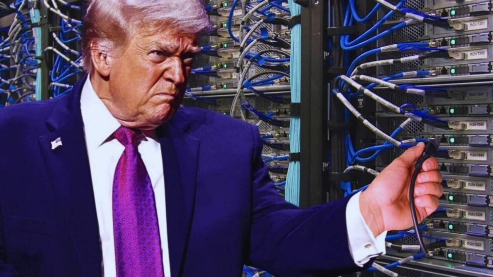 Wściekły Donald Trump wyjmuje wtyczkę z serwerowni (fotomontaż)
