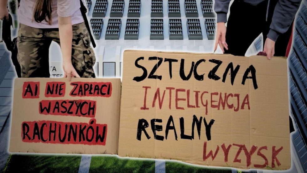 Dwie kartonowe tablice z protestu w Piasecznie, na jednej napis „AI nie zapłaci waszych rachunków”, na drugiej „Sztuczna inteligencja, realny wyzysk”