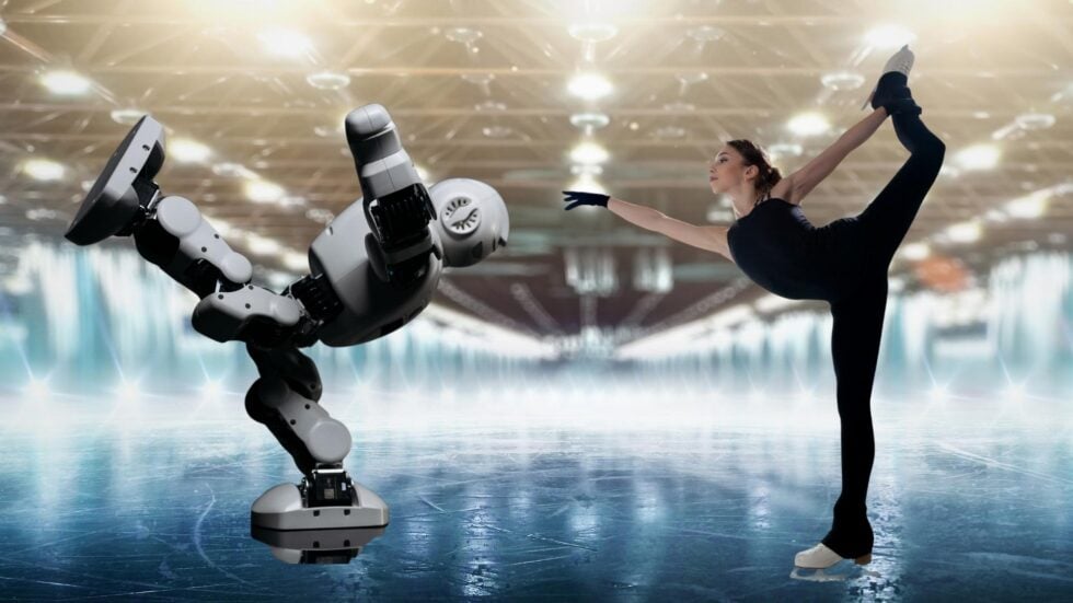 Wielkie oświetlone lodowisko, przodem do siebie na jednej nosze stoją robot (z lewej) i kobieta (z prawej)
