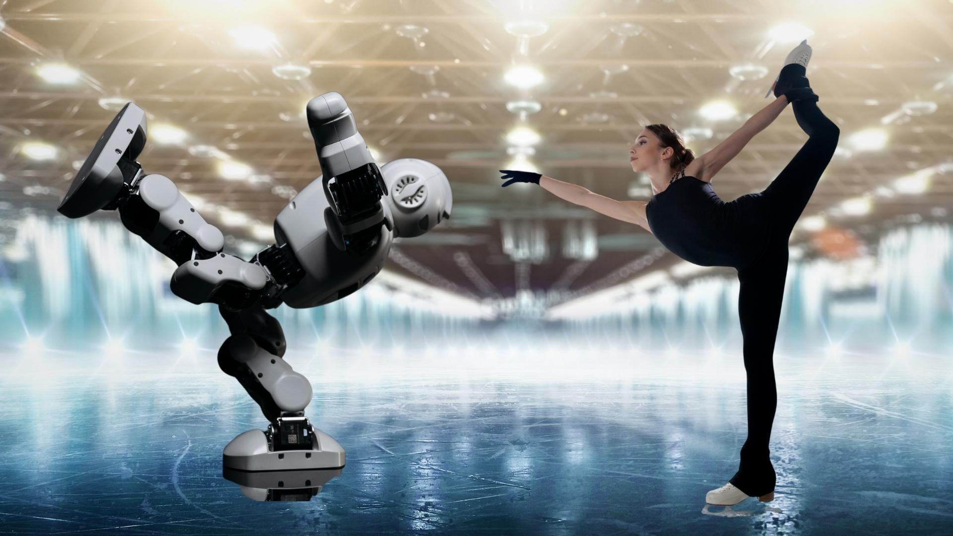 Wielkie oświetlone lodowisko, przodem do siebie na jednej nosze stoją robot (z lewej) i kobieta (z prawej)