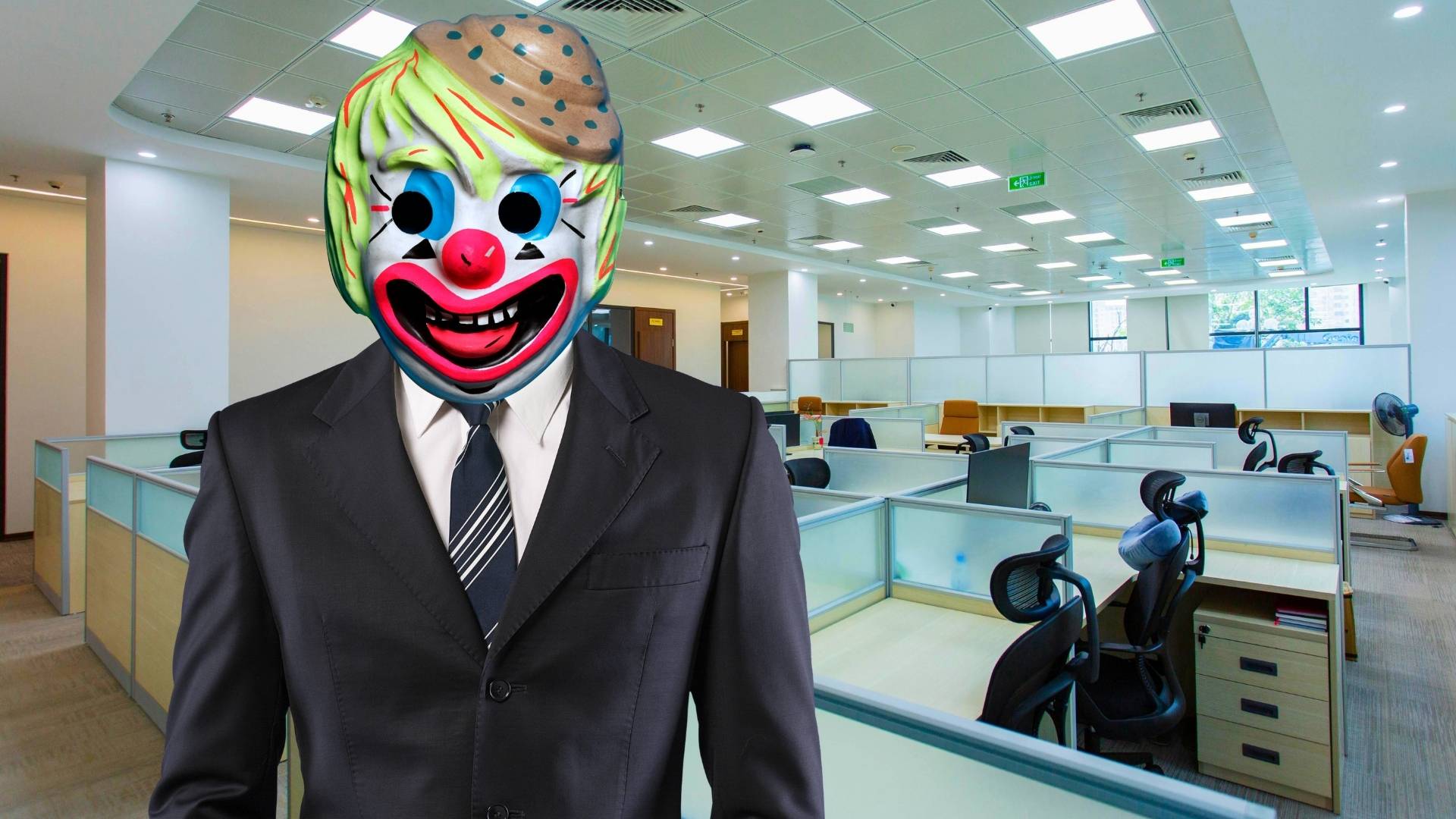 Mężczyzna w garniturze i pod krwatem w masce clowna, za nim średnio nowoczesne biuro typu open space