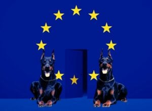 Wielka flaga Unii Europejskiej, na środku między kołem z gwiazd uchylone drzwi, przed nimi dwa dobermany